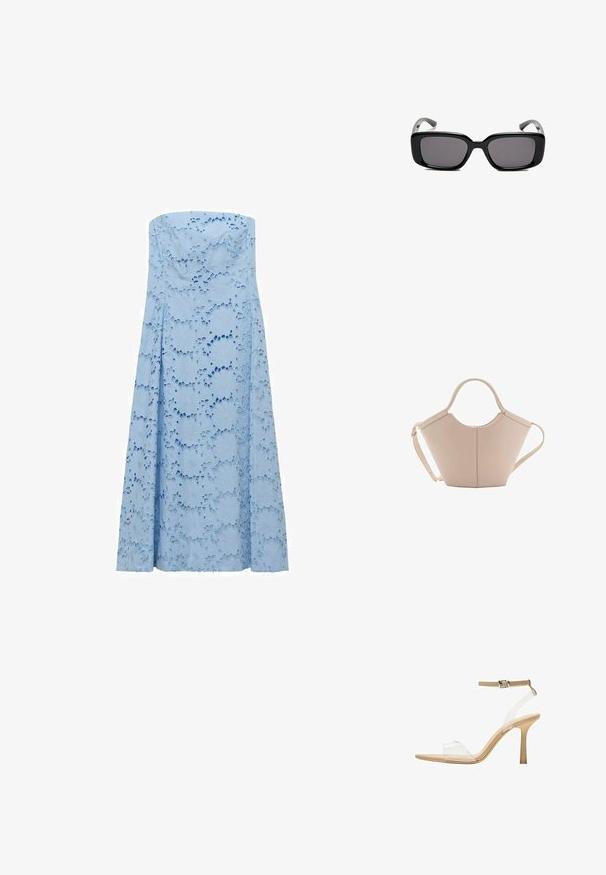 Ljusblå strapless klänning av texturerat tyg med blommiga utskärningsmönster, flödande design ner till golvet. Inga synliga knäppningar.; Klart häl sandal med en transparent ovandel, beige fotbädd och en smal ankelrem. Har en spetsig tå och en tunn hög klack.; Svarta rektangulära solglasögon med mörka linser, slimmad plastbåge och böjda tempel. Designen är kraftig med en minimalistisk estetik.; Beige läderhandväska med en unik form, med två korta handtag och ett långt justerbart axelband. Slät textur med minimal hårdvara.
