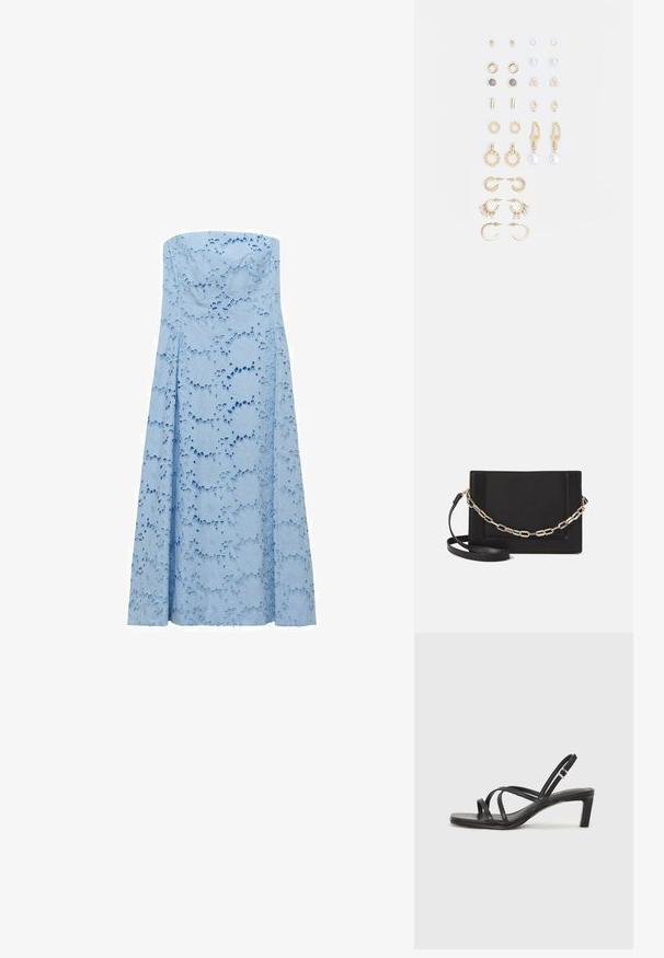 Svetlomodré bezramienkové šaty z textúrovanej látky s kvetinovými výrezmi, plynulý dizajn siahajúci až na zem. Žiadne viditeľné zapínanie.; Čierne sandále na vysokom podpätku so štvorcovou špičkou a nízkym blokovým podpätkom. Obsahujú viacero tenkých popruhov a nastaviteľný členkový popruh. Vyrobené z hladkej kože.; Čierna kožená crossbody taška s hladkou textúrou, obdĺžnikovým tvarom a kovovým reťazovým detailom na prednej strane. Súčasťou je nastaviteľný popruh.; Súprava náušníc v zlatom odtieni obsahujúca rôzne dizajny, vrátane puzetových, kruhových a visiacich kúskov s perlami a rhinestones.