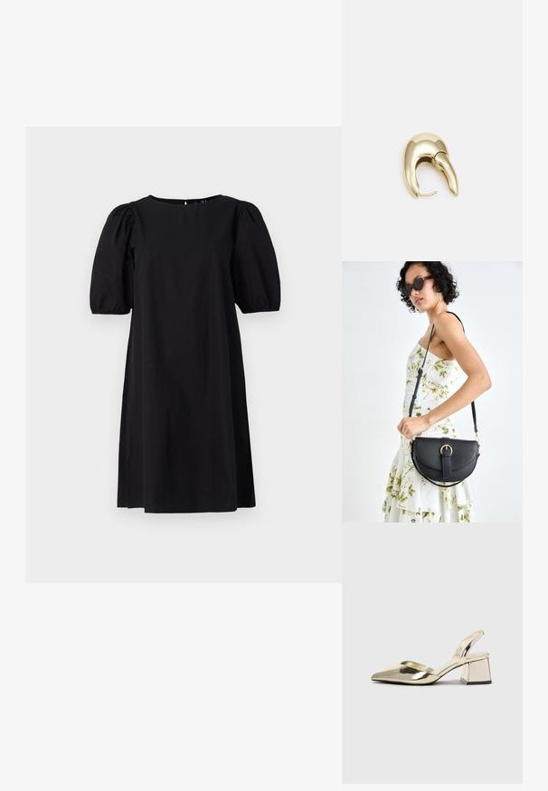 Svarte, knelang kjole laget av bomullsblanding. Har puffede ermer og rund halslinning. Minimalistisk design uten synlige mønstre eller hardware.; Gull, metallisk slingback-hæler med spiss tå og chunky hæl. Glatt tekstur, minimalistisk design og en smal stropp.; Svart lærveske med en buet form, avtagbar stropp og gullbeslag. Vesken har et klaff med spenne-detall.; Gullfarget metalløredobber med et elegant, buet design. Har en karakteristisk spiss form, polert overflate og hengsel-lukking.
