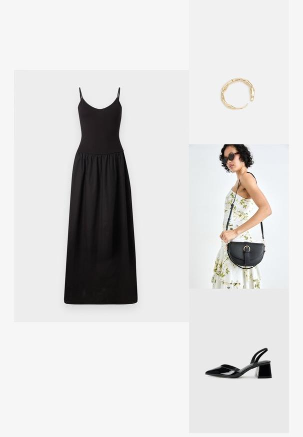 Black maxi dress with thin adjustable straps, fitted bodice, gathered waist, and smooth fabric, extending to the floor with a simple silhouette.; Black patent leather slingback heels with a pointed toe and a geometric block heel. Features a sleek, minimal design and smooth texture.; Black leather handbag with a curved shape, detachable strap, and gold hardware. The bag features a flap with a buckle detail.; Gold-tone ring featuring an organic, twisted design with smooth texture and tapered ends, creating a modern, sculptural appearance.