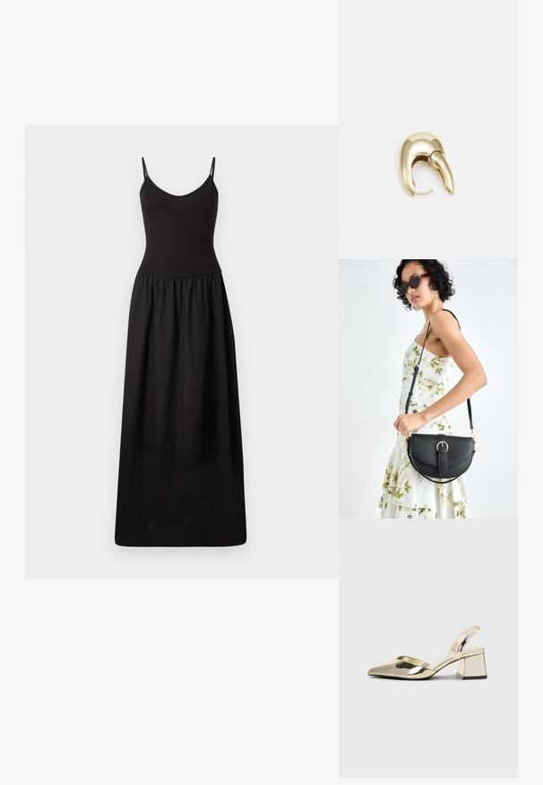 Musta maxi-mekko ohuilla säädettävillä olkaimilla, istuva bodice, poimutettu vyötärö ja sileä kangas, ulottuen lattiaan yksinkertaisella siluetilla.; Kultaiset, metalliset slingback-kengät, joissa on teräväkärkiset ja paksut korot. Sileä pinta, minimalistinen muotoilu ja kapea hihna.; Musta nahkainen käsilaukku, joka on kaareva muotoilultaan, irrotettavalla hihnalla ja kultaisilla yksityiskohdilla. Laukussa on läppä, jossa on solk yksityiskohta.; Kultahipuinen korvakoru, jossa on sulavalinjainen, kaareva muotoilu. Ominaisuuksiin kuuluu erottuva terävä muoto, kiillotettu pinta ja sarana kiinnitys.