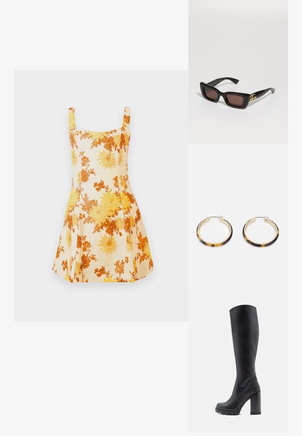 Cvjetna haljina od lagane tkanine, s uzorkom u žutim i narančastim tonovima, kvadratnim izrezom i A-linijom, s kratkim trakama.; Crne čizmice do koljena, od glatke kože, s punom petom, zaobljenim vrhom, teksturiranom potplatom s gripom, elegantnog dizajna bez ukrasa.; Crne kornjačaste sunčane naočale s pravokutnim lećama, smešnim tonom, debelim okvirom i zlatnim dvostrukim G logom na ručki.; Zlatne hoop naušnice s vanjskim rubom od smole s uzorkom kornjače, s glatkom završnom obradom i elegantnim, kružnim oblikom.