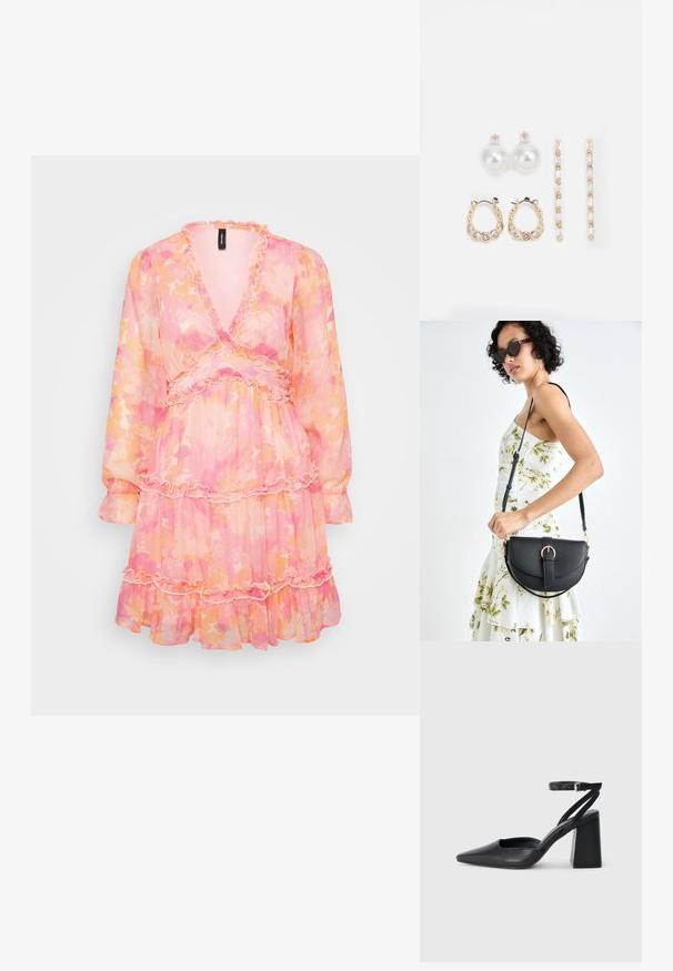 Šaty s kvetinovým vzorom v ružových a oranžových odtieňoch, s výstrihom do V, volánovým okrajom a dlhými puffovými rukávmi vyrobené z ľahkého materiálu.; Čierne kožené lodičky s špicatou špičkou a členkovým remienkom, s masívnym podpätkom. Hladký povrch, elegantný dizajn a minimalistická estetika.; Čierna kožená kabelka s zaobleným tvarom, odnímateľným popruhom a zlatými doplnkami. Kabelka má klopu s detailom s prackou.; Tri páry náušníc: veľké biele perlové náušnice, zlaté kruhové náušnice s priehľadnými drahými kameňmi a dvoje dlhé, priamé zlaté akcentové náušnice so trblietavými detailmi.