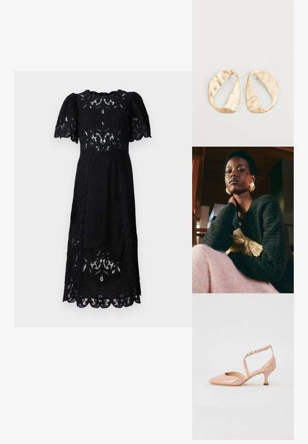 Sea GIANNA MIDI DRESS - Dienas kleita - black; Casadei CHARLOTTE TIFFANY - Klasiski papēži - sand; Loeffler Randall PLEATED FRAME WITH BOW - Vakarsomiņa - gold-coloured; Pāris neregulāras ovālas formas zelta toņos metāla auskaru ar teksturētu, nedaudz sitētu virsmu uz baltas fona.