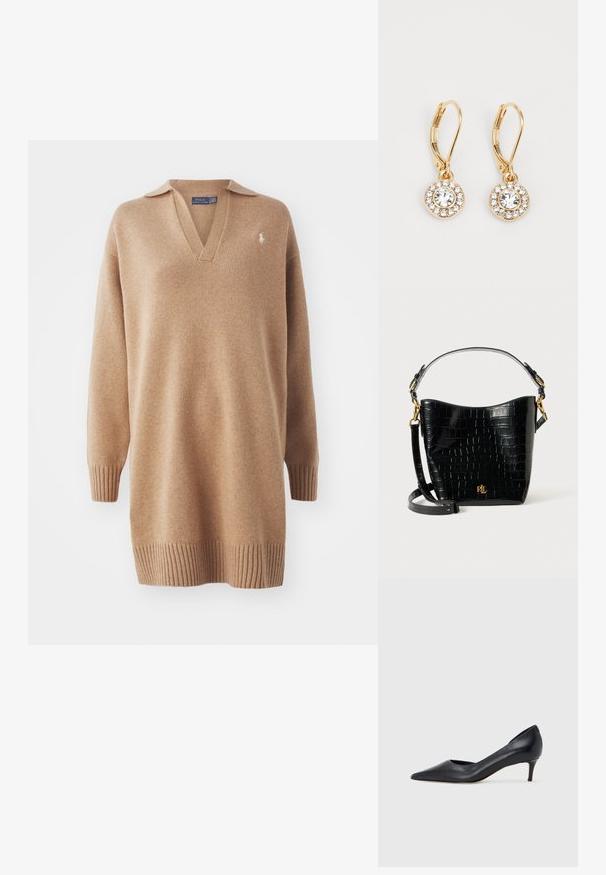 Bežinis megztinis su V formos iškirpte ir polo tipo apykakle. Savybės: riebūs rankogaliai ir apačia. Siuvinėtas logotipas kairėje krūtinės pusėje. Minkšta tekstūra.; Juodi odiniai aukštakulniai su smailiu priekeliu ir žemu kulnu. Turi lygią tekstūrą ir subtilų blizgesį. Priekyje yra atvira anga, suteikianti papildomo detalių.; Juodas krokodilo rašto odinis krepšys su lenkta forma, auksiniais aksesuarais, reguliuojama juosta ir logotipo detale priekyje.; Auksiniai apskriti auskarai su centru esančiu skaidriu kristalu, apsuptu mažesnių skaidrių akmenukų, su užrakto mechanizmu, užtikrinančiu saugų dėvėjimą.