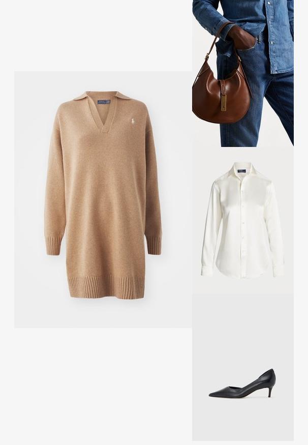 Beez värvi kudum, millel on V-kaelus ja polo krae. Omab ribitud varrukaotsasid ja heme. Vasakul rinnal on tikandiga logo. Pehme tekstuur.; Valge pikkade varrukatega nööstatud särk, valmistatud siledast kangast, klassikalise kraega ja delikaatse sära ning ümarate servade ja nööbiga detailidega.; Mustast nahast kontsakinga terava ninaga ja madala kontsaga. Omadused on sile pind ja peen läige. Esiosal on avatud lõige, mis lisab detaili.; Pruun nahast hobo kott ümmarguse kujuga, millel on kuldne metallist detail ja kontrastne õmblus. Koos teksapitsi ja teksastega.