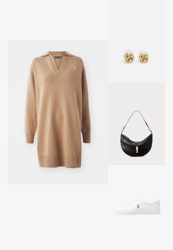 Suéter de punto beige con cuello tipo polo y escote en V. Presenta puños y bajo acanalados. Logo bordado en el lado izquierdo del pecho. Textura suave.; Zapatillas de cuero blancas, diseño de corte bajo, con una textura suave, puntera redonda, cordones en la parte delantera y un pequeño logo bordado en el lateral.; Bolso de cuero negro en forma de media luna. Presenta un acento de hardware dorado y una correa estrecha. Textura suave, cierre de cremallera en la parte superior.; Pendientes de botón en tono dorado con un diseño retorcido. Cada pendiente cuenta con un respaldo circular transparente para una sujeción segura.