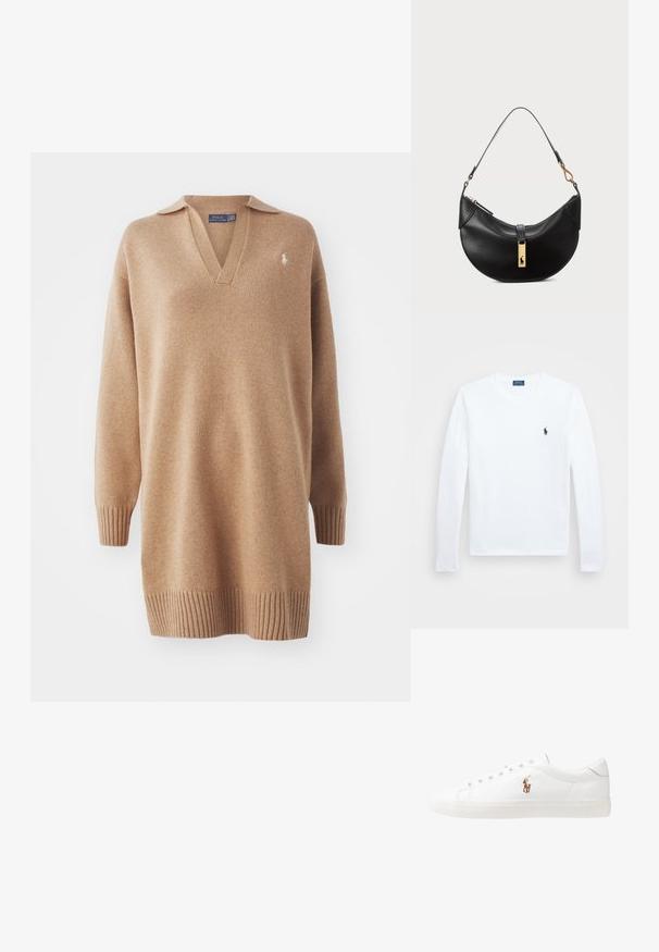 Beige kötött pulóver V-nyakkal és póló gallérral. Bordás mandzsettákkal és aljúval rendelkezik. Sűrített logó a bal mellen. Puha tapintású.; Fehér hosszúujjú póló, pamut anyagból, kerek nyakkivágással, bal mellen kis sötétkék logóval. Egyszerű dizájn, normál szabású.; Fehér bőr sportcipők, alacsony fazonban, sima textúrával, kerek orral, fűzős előlappal és egy kis hímezett logóval az oldalon.; Fekete bőr kézitáska félhold alakú formában. Aranyszínű fémrészekkel és keskeny pánttal rendelkezik. Simább felület, cipzáras záródás a tetején.