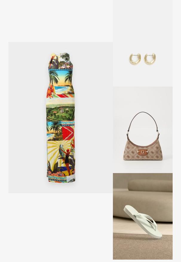 Maxi kleit, millel on erksad graafilised mustrid troopiliste maastike, lindude ja lilledega; varrukateta disain, ümmargune kaelus, mitmevärviline.; Heleroheline kummist varbavaheplätu tekstureeritud tallapinnaga ja õhukeste rihmadega, tõstetud pehme, neutraalse tooniga tausta kohale.; Beige kangasest kootud kott pruunide mustritega aksentidega. Omab kaarjat vormi, ühte rihma ning esiosas on logoplaat hõbedaste detailidega.; Kuldkattega rõngaskõrvarõngad sujuva, poleeritud viimistlusega. Omavad poolringikujulist vormi ja turvalist postikinnitust.