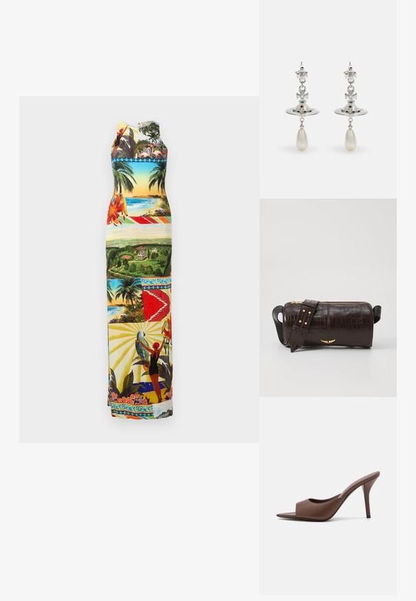 Vestido maxi com um vibrante padrão gráfico com paisagens tropicais, pássaros e flores; design sem mangas com decote redondo, multicolorido.; Mules de salto alto abertas, em couro castanho, com um design elegante, apresentando uma larga tira na parte da frente e um esbelto salto agulha.; Bolsa de couro com textura de crocodilo na cor marrom, com forma cilíndrica, metalizações em tom dourado e uma alça destacável com tachas.; Brincos de prata com um arco circular, adornados com pedras brilhantes e um pendente de pérola em forma de lágrima. Design distinto com detalhes intrincados.