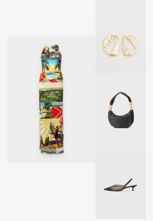 Rochie maxi cu un imprimeu grafic vibrant ce prezintă peisaje tropicale, păsări și flori; design fără mâneci cu decolteu rotund, multicolor.; NEOUS IRENA - Pantofi clasici cu toc - black; Geantă de mână din piele neagră, cu o formă rotundă, textură moale și un mâner legat, având accente din metal auriu. Închidere cu fermoar.; O pereche de cercei din metal de culoare aurie, cu formă ovală neregulată, având o suprafață texturată, ușor ciocănită, pe un fundal alb.