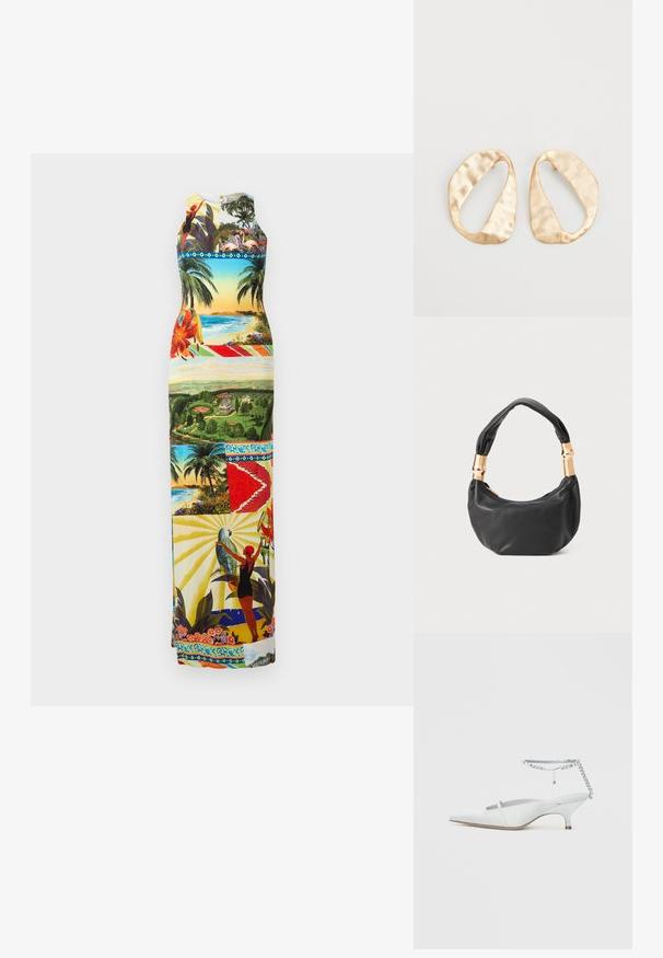 Maxi ruha, élénk grafikai nyomattal, trópusi tájakat, madarakat és virágokat ábrázol; ujjatlan kivitel, kerek nyakkivágással, sokszínű.; Fehér, hegyes orrú, kiskandúr cipő, amelynek bokapántja strasszkövekkel díszített, egyszerű háttér előtt.; Fekete bőr kézitáska kerek formával, puha textúrával és csomózott fogantyúval, aranyszínű fém díszítéssel. Cipzáras záródás.; Egy pár szabálytalan, ovális formájú, aranyszínű fém fülbevaló, enyhén kalapált felülettel, fehér háttéren.