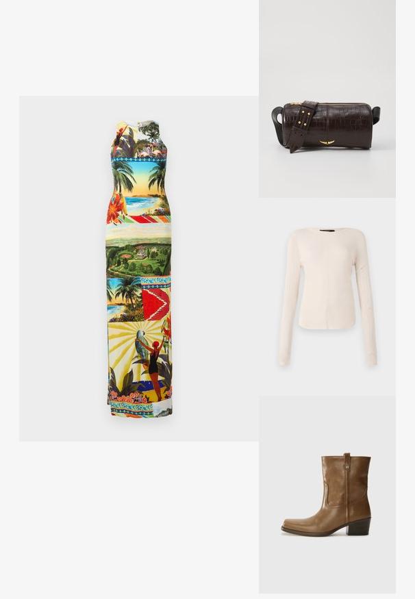 Maxi šaty s výrazným grafickým potlačou zobrazujúcim tropické krajiny, vtáky a kvety; bezrukávový strih s okrúhlym výstrihom, viacfarebné.; Dlhý rukáv, svetlo béžový top s okrúhlym výstrihom. Vyrobený z mäkkej látky, má stredový šev a mierne zakrivený spodný okraj. Bez viditeľného hardvéru.; Hnedé kožené členkové topánky so štvorcovou špičkou, textúrovaným povrchom a nízkym vrstveným podpätkom. Obsahujú zadný úchyt a diskrétne prešívanie.; Hnedá taška z kože s embosovaným vzorom krokodíla, cylindrického tvaru, so zlatými hardvérovými doplnkami a odnímateľným popruhom so štítkami.