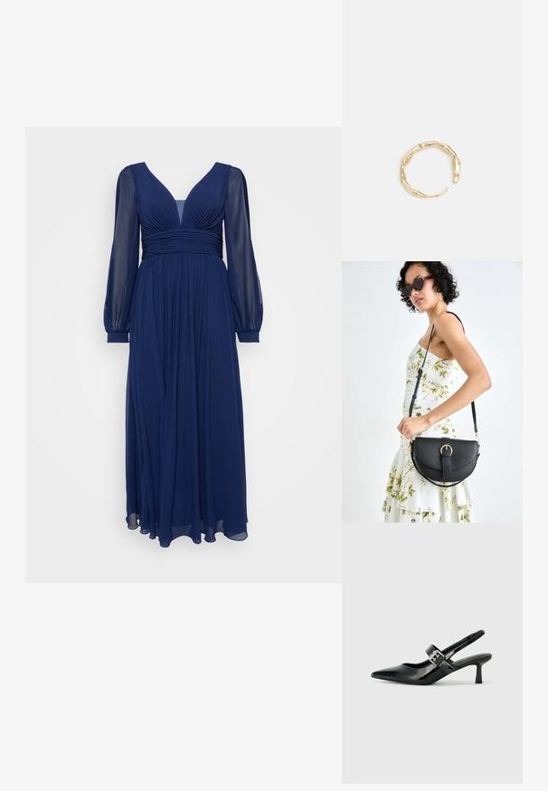 Námornícky dlhý rukáv šaty z ľahkej tkaniny, so zavinovacím výstrihom, zberaným korzetom a splývavým sukňou s záhybmi, ktorá poskytuje jemnú textúru.; Čierne patentové kožené sandále na podpätku so špicatou špičkou a malým blokovým podpätkom, s dekoratívnou striebornou sponou na remienku.; Čierna kožená kabelka s zaobleným tvarom, odnímateľným popruhom a zlatými doplnkami. Kabelka má klopu s detailom s prackou.; Prsteň v zlatej farbe s organickým, skrúteným dizajnom, hladkým povrchom a zužujúcimi sa koncami, vytvárajúci moderný, sochársky vzhľad.