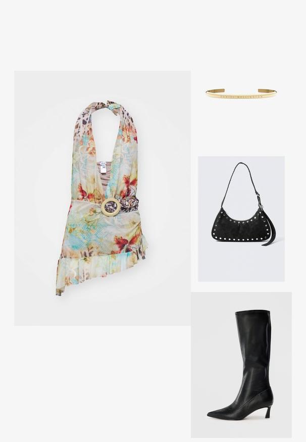 Kwiatowy top na halter w lekkim materiale z głębokim dekoltem, falbaniastym dołem i szerokim, ozdobnym paskiem z okrągłą klamrą.; Czarne skórzane kozaki do kolan z wąskim noskiem i umiarkowanym obcasem. Gładka tekstura i elegancki design z subtelnymi detalami w postaci przeszyć.; Czarna torebka z sztucznej skóry o zaokrąglonym kształcie, zdobiona okrągłymi metalowymi ćwiekami wzdłuż krawędzi, z zamkiem błyskawicznym i długim paskiem.; Złocona metalowa bransoletka typu cuff z gładkim, polerowanym wykończeniem oraz wygrawerowanym detalem "DANIEL WELLINGTON" wzdłuż bransoletki.