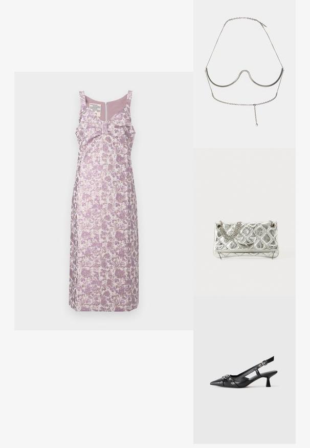 Růžový šaty s květinovým vzorem v lila a krémové barvě, s mašlí vpředu, nastavitelnými ramínky a zipem na zadní straně.; Černé kožené slingback boty s špičatou špičkou, dekorativními pásky s kovovými očky a nízkým blokovým podpatkem. Texturovaný povrch.; Stříbrná metalická kabelka s řetízkem, prošívanou texturou, dekorativním stehem a zipovým uzávěrem. Obsahuje embosované detaily na přední straně.; Cult Gaia ASHA BODY JEWELRY - Jiné doplňky - bright shiny silver-coloured