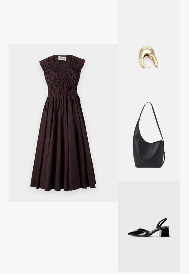 Ruskea, hihaton mekko, jossa on kerätty vartalo ja nyöriyksityiskohtia, levenevä helma, valmistettu puuvillasta, sileä tekstuuri, minimalistinen muotoilu.; Mustat patentoitu nahkakengät, joissa on säären takaosa ja terävä kärki, sekä geometrinen palikkakorko. Sisältää tyylikkään, minimalistisen muotoilun ja sileän pinnan.; Musta nahkainen hobo-laukku, jossa on sileä pinta, kaareva muoto ja yksi säädettävä olkahihna; sisäänkäynti on leveä ylhäältä.; Kultahipuinen korvakoru, jossa on sulavalinjainen, kaareva muotoilu. Ominaisuuksiin kuuluu erottuva terävä muoto, kiillotettu pinta ja sarana kiinnitys.