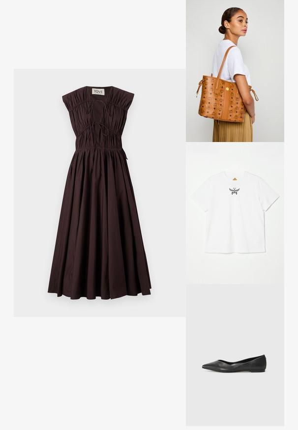 Hnědé bezramínkové šaty s naťahovaným korzetem a stahovací šňůrkou, rozšířená sukně, vyrobené z bavlny, hladká textura, minimalistický design.; Bílá bavlněná tričko s malým černým logem s křídly a nápisem "MCM" uprostřed přední části. Krátké rukávy a design s kulatým výstřihem.; Černé kožené baleríny s špičatou špičkou, nízkým podpatkem a hladkým povrchem. Minimální design s jemným bočním akcentem.; Žena v bílém tričku a pruhovaných kalhotách, nesoucí hnědou koženou tašku přes rameno, která má černé logo, stojí bokem.