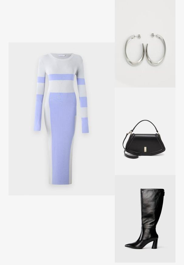 Patrizia Pepe Jumper dress - glass grey/sky; Knee-high black leather boot with a pointed toe, smooth texture, and a chunky heel. Features a zipper detail at the back.; Black leather handbag with a structured design, featuring a cropped shape, top handle, and gold hardware accent. Adjustable shoulder strap included.; Silver hoop earrings with a smooth, curved design. Features a shiny metallic finish and stud closure. No visible patterns or accents.