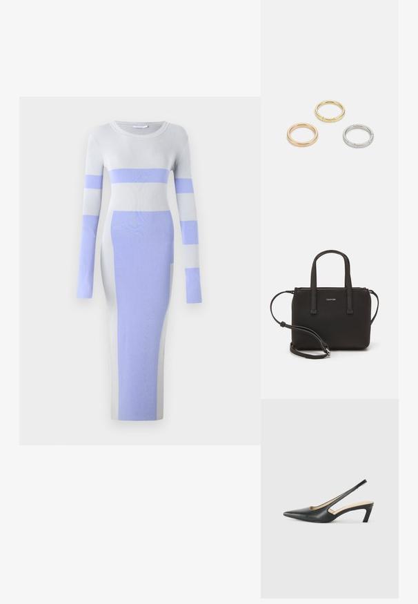 Patrizia Pepe Pletené šaty - glass grey/sky; Černý špičatý slingback s nízkým podpatkem, vyrobený z hladké kůže, s výřezem na boku pro lepší prodyšnost.; Černá kabelka s dvojitými krátkými uchy a odnímatelným ramenním popruhem. Hladký koženkový materiál s uzávěrem na zip a detailem loga.; Tři kovové prsteny: jeden růžově zlatý, jeden zlatý s texturovanými detaily a jeden stříbrný, všechny s vyrytým brandingem na vnitřním boku.