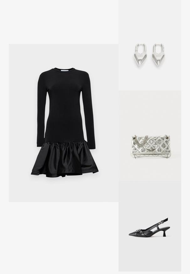Fekete, hosszú ujjú ruha, testhez simuló felső résszel és fodros, flared selyem alsó résszel, kerek nyakkivágással és sima textúrával.; Fekete bőr slingback cipő hegyes orral, dekoratív pántokkal, fém szemekkel és alacsony blokk sarkú. Texturált felület.; Ezüst színű fémes kézitáska lánckarral, steppelt textúrával, díszített varrással és cipzáros záródással. A fonákján domború részletek találhatók.; Ezüst szív alakú lakatok, amelyeken vésett "IGEN" és "NEM" feliratok találhatók, polírozott felület, szimmetrikus kialakítás és robusztus fémcsat.