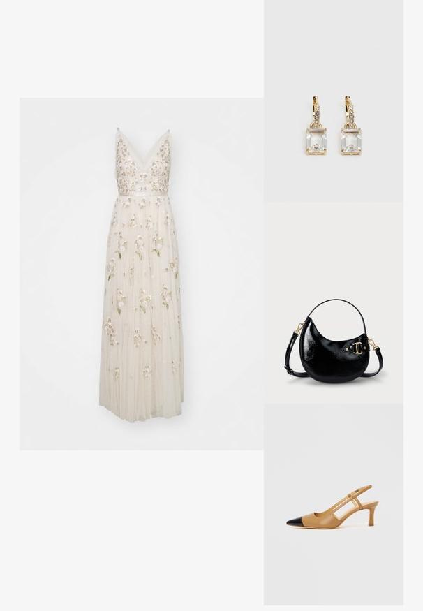 Needle & Thread POSY GOWN - Occasion wear - cream; Tan slingback heels with a pointed black toe cap, featuring cut-out sides and a mid-height block heel. Smooth leather material.; Black patent leather handbag with a curved shape, adjustable strap, and gold-tone hardware detail on the side. Smooth, shiny texture.; Gold-tone earrings featuring a rectangular, clear crystal dangling below a row of small, round clear accents. Sleek, modern design.