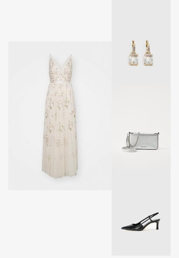 Needle & Thread POSY GOWN - Alkalmi viselet - cream; Fekete lakk slingback sarok, hegyes orral, texturált kígyómintával, állítható pánttal és rövid, texturált tömbsarkal.; Ezüst bőr keresztpántos táska texturált felülettel, lánc- és pántdíszítéssel, valamint cipzáras záródással. Elöl logó található.; Aranyszínű fülbevalók, melyek egy téglalap alakú, tiszta kristállyal díszítették, ami egy sor kis, kerek, tiszta kiegészítő alatt lóg. Letisztult, modern dizájn.