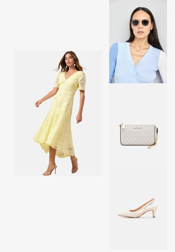 Žlté čipkované midi šaty s kratkými rukávmi, V-krkom a asymetrickým lemom. Obsahujú zložitý strih so vzormi a voľný strih.; Biele slingback topánky na podpätku s ostrou špičkou, hladkým vrchným materiálom, nízkym blokovým podpätkom a bočným výrezom s nastaviteľným remienkom na pracku.; Okrúhle slnečné okuliare s tmavými šošovkami a zlatým rámom. Modelka má na sebe svetlomodrý pletený kardigán s gombíkmi a bielymi rukávmi v kontraste.; Michael Kors zápästná taška v béžovej potiahnutej plátenej tkanine s opakujúcim sa vzorom loga MK, zlatým kovania a odnímateľným reťazovým popruhom.