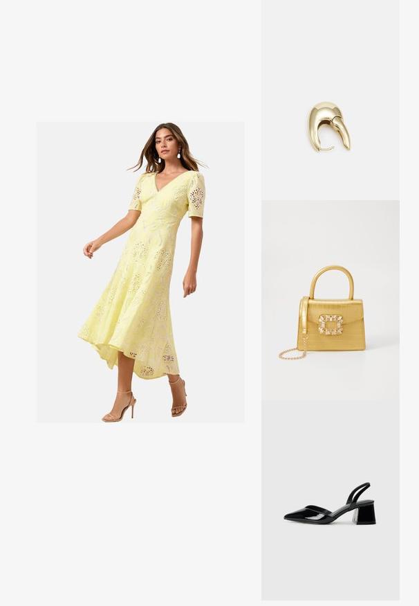 Geltona nėrinių midi suknelė trumpomis rankovėmis, V formos iškirpte ir aukštesne priekyje, žemesne gale. Pasižymi sudėtingais išpjovimų raštais ir plazdančia siluetu.; Juodos lakuotos odinės šlepetės su smailiu pirštu ir geometriniu bloko kulnu. Turi elegantišką, minimalistinį dizainą ir lygų paviršių.; Geltonas dirbtinės krokodilo odos rankinukas su standžiu dizainu, viršutine rankena, nuimamu grandininiu dirželiu ir dekoratyviniu krištolo papuošimu ant užsegimo.; Aukso tono metalinės auskarai su stilingu, kreiviu dizainu. Išsiskiria ryškiu smailiu pavidalu, poliruota paviršiumi ir užsegimu su vyriu.