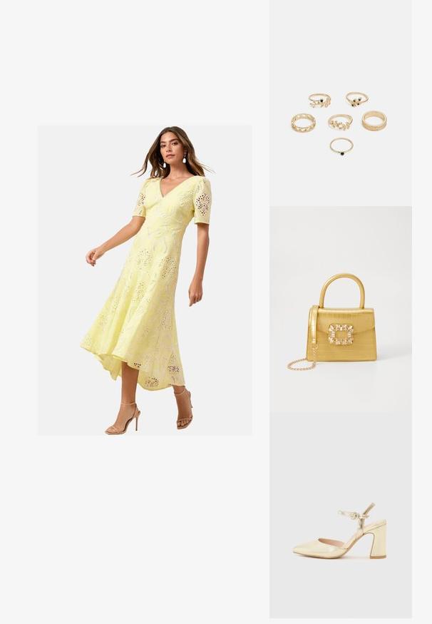 Geltona nėrinių midi suknelė trumpomis rankovėmis, V formos iškirpte ir aukštesne priekyje, žemesne gale. Pasižymi sudėtingais išpjovimų raštais ir plazdančia siluetu.; Auksinės metalinės kulninės bateliai su smailiu nosiu, kulkšnies dirželis su apvaliu užsegimu ir masyvus kulnas. Lygus paviršius.; Geltonas dirbtinės krokodilo odos rankinukas su standžiu dizainu, viršutine rankena, nuimamu grandininiu dirželiu ir dekoratyviniu krištolo papuošimu ant užsegimo.; Šeši auksiniai žiedai su įvairiais dizainais: pinti, lapų motyvai ir monolitiniai žiedai; kai kurie su žalios spalvos brangakmenių akcentais.