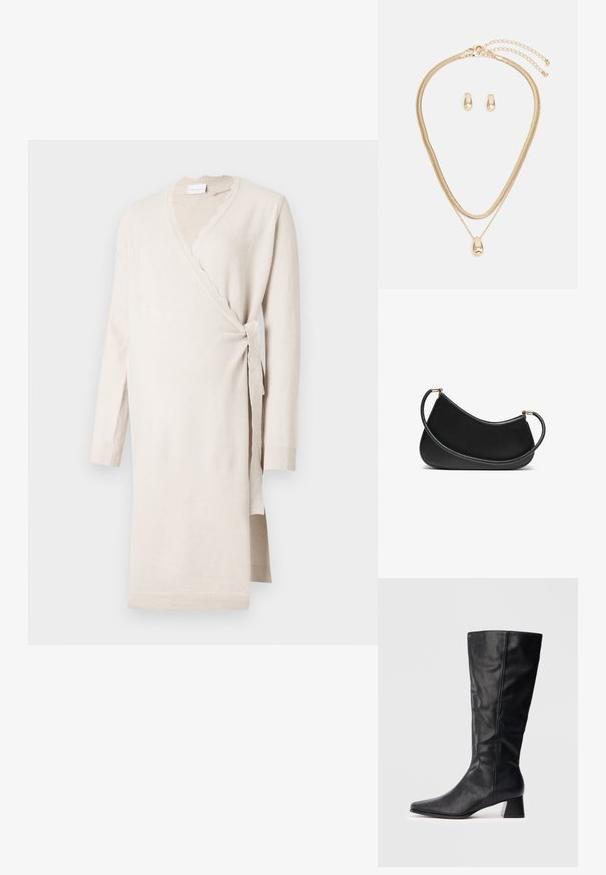 Beige omslagskjole laget av myk stoff, med en scallop-utskjæring, lange ermer og en sidetau. Lang lengde med ribbede mansjetter.; Svart lærstøvel til midt på leggen med spiss tå og blokkhels på enkel lys bakgrunn.; Svart lær skulderveske med en buet design, med en teksturert stropp og gullfarget hardware på toppen av lukningen. Glatt finish.; Gullfarget smykkssett med et lagdelt halskjede med en tåreformet anheng og matchende stikkere, alt i en polert finish.