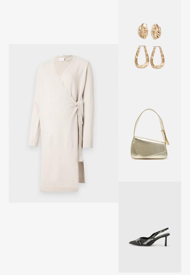 Béžové zavinovací šaty vyrobené z měkké tkaniny, s výstřihem ve tvaru vlnky, dlouhými rukávy a bočním uvázáním. Dlouhá délka s žebrovanými manžetami.; Černá lakovaná slingback obuv s špičatou špičkou, kotníkovými pásky s kovovými sponami a příslušenstvím, a štíhlým podpatkem.; Zlatá metalická kabelka se strukturovaným designem, hladkým povrchem a nastavitelným popruhem. Disponuje unikátním trojúhelníkovým tvarem a minimalistickým prošitím.; Náušnice ve zlatém tónu s texturovanými, vlnitými tvary. Obsahují sochařské klipy a design otevřeného kruhu s kladivkovým povrchem.