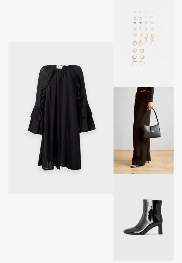 Juoda suknelė su ilgomis raukinėmis varpo formos rankedėmis, apvaliu kaklu ir laisvu siluetu. Pagaminta iš lengvos medžiagos, su lengvu blizgesiu ir plaukuojančia tekstūra.; Juodos lakuotos odinės aulinukės su smailiu pirštu ir vidutinio aukščio blokuotu kulnu. Lygus paviršius ir minimalistinis dizainas.; Juodas rankinė struktūrizuota forma, lygi tekstūra ir metalinis užsegimas. Suporuota su plačiomis juodomis kelnėmis ir atvirais bateliais ant medinių grindų.; Auksiniai auskarai su įvairiais dizainais, įskaitant studus, žiedus ir kabančius modelius su perlų ir kristalų akcentais.