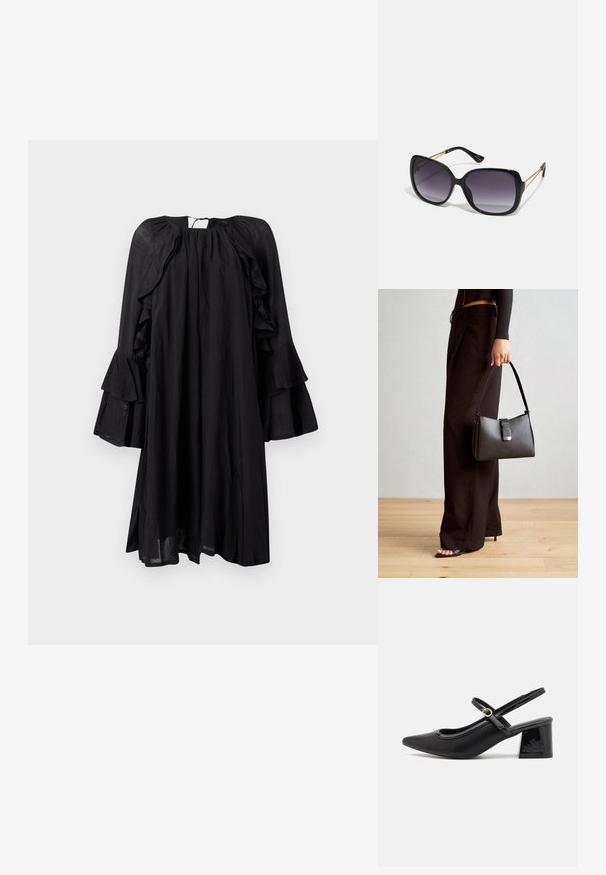 Vestido preto com mangas compridas em babados, decote redondo e corte solto. Feito de um tecido leve com um ligeiro brilho e uma textura fluida.; Sabrinas de cerâmica preta com salto bloco, bico apontado e um design com recortes arredondados. Apresenta um detalhe em fivela de tom dourado.; Óculos de sol oversized pretos com lentes degradê, armações grossas e detalhes em corrente dourada nas hastes.; Bolsa preta com forma estruturada, textura suave e um fecho metálico. Combinada com calças largas pretas e sandálias de salto aberto sobre um chão de madeira.