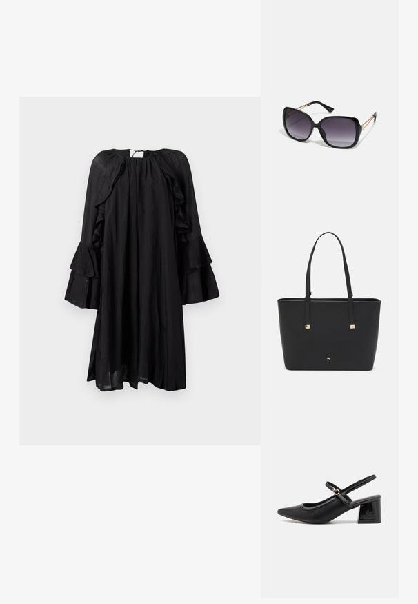 Fekete ruha hosszú, fodros harangujjakkal, kerek nyakkal és laza fazonnal. Könnyű, enyhén fénylő anyagból készült, amely lágyan omlik.; Fekete lakk bőr, pántos magassarkú cipő, hegyes orral, lekerekített kivágással és tömbsarkal. Arany színű csat díszíti.; Fekete, oversize napszemüveg fokozatos árnyalatú lencsékkel, vastag kerettel és arany színű lánc díszítéssel a szárakon.; Fekete tote táska szintetikus anyagból, egyszerű téglalap formájú dizájnnal, arany négyzet díszítésekkel és dupla fogantyúkkal.