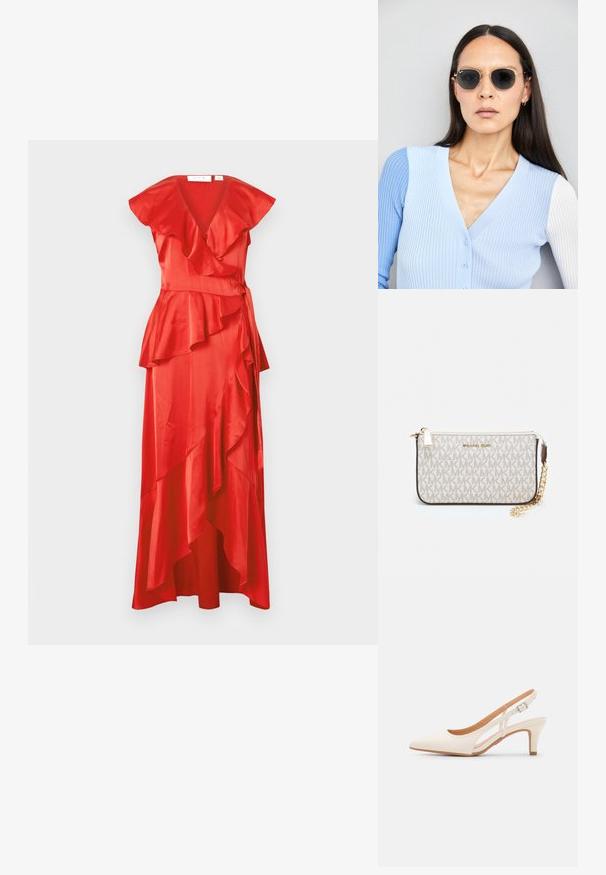 Rochie din saten roșu, cu decolteu în V și mâneci flutură, cu volane stratificate care se desprind pe fusta rochiei. Detaliu cu fundă la talie.; Sandaie cu toc alb, cu vârful ascuțit, material superior neted, toc mic tip bloc și design cu decupaj lateral, cu curea ajustabilă.; Ochelari de soare rotunzi cu lentile întunecate și rame aurii. Modelul poartă un cardigan ribbed de culoare albastru deschis cu nasturi și mâneci albe în contrast.; Clutch Michael Kors din canva acoperit bej, cu un model repetitiv al logo-ului MK, accesorii din aur și o curea cu lanț detașabil.
