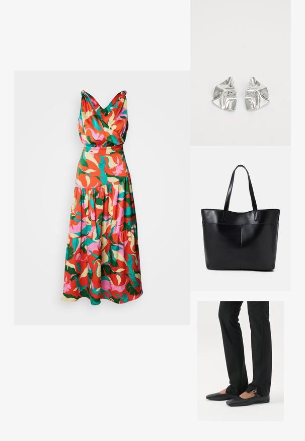 Multicolored floral dress in shades of red, pink, green, and yellow, featuring a draped, V-neck bodice and tiered skirt.; Black leather ballet flats with a pointed toe, strap with silver buckle, paired with black tailored pants featuring a slit hem.; Black leather tote bag with two long handles, a smooth texture, and a structured shape. Features a front pocket for additional storage.; Silver metal earrings with a wavy, sculptural design featuring a polished finish and irregular shapes, highlighting a contemporary aesthetic.