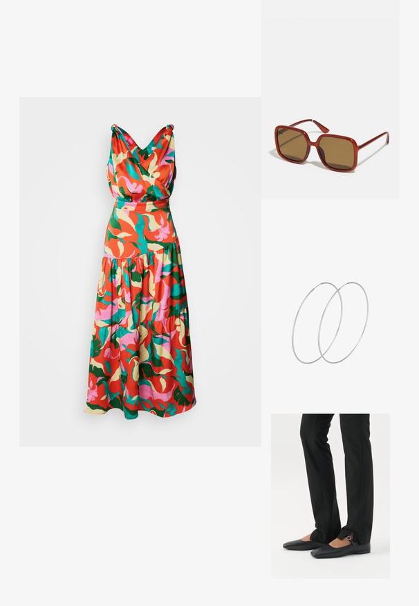 Mönstrad klänning med blommor i nyanser av röd, rosa, grön och gul, med en draperad, V-ringad bål och lager på lager-skirt.; Svarta läderballetskor med spetsig tå, rem med silverspänne, kombinerade med svarta skräddarsydda byxor med slitsar i fållen.; Röda fyrkantiga solglasögon med bruna tonade linser. Tjocka, glänsande bågar och smala armar med små detaljer på sidan för visuell intresse.; Silverfärgade hoopörhängen med en minimalistisk design. Cirkulär form, slät yta och tunn profil. Lätta med en polerad finish.