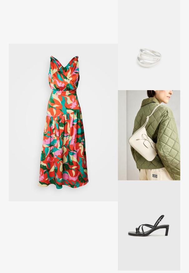 Multifarvet blomsterkjole i nuancer af rød, pink, grøn og gul, med en draperet V-halsudskæring og lagdelt nederdel.; Sort remsandale med firkantet tå og en lav blokeret hæl. Har flere tynde stropper og en justerbar ankelrem. Fremstillet af glat læder.; Beige læder crossover taske med en sløjfe detalje, guldbeslag og en enkelt justerbar skulderrem, båret over en grøn quiltet jakke.; Sølvring med dobbeltbånd og en glat, poleret overflade. Den har et flydende, buet design med overlappende sektioner for et moderne udtryk.