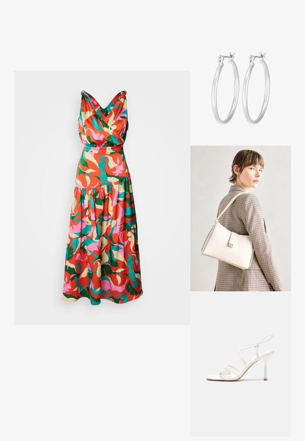Mnohofarebn dress s kvetinovým vzorom v odtieňoch červenej, ružovej, zelenej a žltej, so záhybovým výstrihom do V a tiered sukňou.; Biele sandále na vysokom podpätku so štíhlym remienkom okolo členku a plochou základňou na prsty, textúrovaný predok so zhluky akcentov.; Biely kožený kabelka so štruktúrovaným dizajnom, s magnetickým uzáverom a ramenným popruhom, vystavená na neutrálnom pozadí.; Strieborné kruhové náušnice s hladkým, lesklým povrchom. Kolový tvar a bezpečné klikanie na uzatváranie. Ľahký dizajn vhodný na každodenné nosenie.