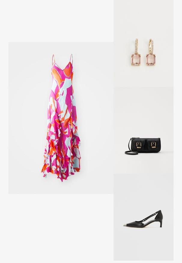 Maksī kleita ar spageti siksnām, dzīvīgā rozā, oranžā un zilā abstraktā rakstā, kraušā mala, viegla auduma, plūstoša dizaina.; Melns ādas kurpju pāris ar zemu papēdi, smailu sudraba purngali un diviem sprādzēm uz balta fona.; Melnas ādas crossbody soma ar divām priekšējām kabatām, zelta sprādzēm, ar rāvējslēdzēju aizdari un šauru siksnu. Strukturēta virsma un kompakta taisnstūra forma.; Lauren Ralph Lauren HUGGIE DROP - Auskari - gold-coloured/vintagerose