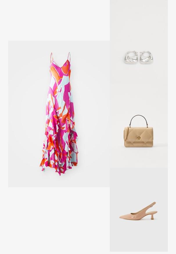 Maxi suknelė su špageto petnešėlėmis, ryški rožinė, oranžinė ir mėlyna abstrakti raštas, raukšlėtas apatinis kraštas, lengvas audinys, plaukiantis dizainas.; Patentable slingback bateliai šviesiai rožinės spalvos, su smailiu nosiu, mažo blokelio kulnu ir reguliuojama juostele su apskritu sagties detaliu.; Kailiniuotas šviesiai rudas odinis rankinukas su auksinės spalvos detalėmis, grandinėlės petnešomis ir viršutine rankena. Yra priekinė uždanga ir išskirtinis logotipo akcentas.; Sidabrinės auskarų žiedai su lygiu, apvaliu dizainu ir banguota akcentu, turinčiu mažus, skaidrius kristalus palei vieną kraštą.