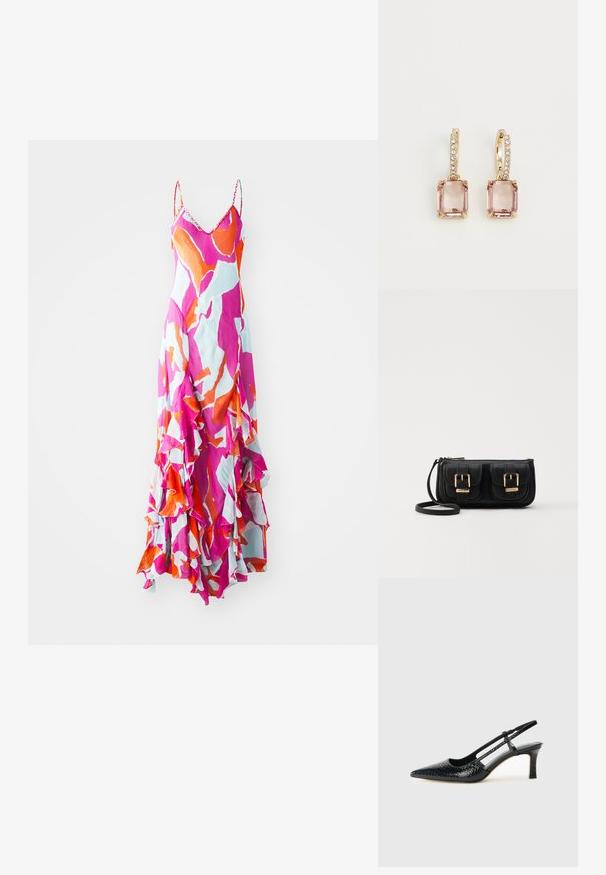 Maxiklänning med spaghettitränsar, livfull rosa, orange och blå abstrakt mönster, vågig fåll, lättviktsmaterial, flödande design.; Svart lackskin slingback-häl med spetsig tå, med texturerad ormskinnsprint, justerbar rem och en kort, texturerad blockklack.; Svart läderaxelväska med två framfickor, guldspännen, dragkedjestängning och en smal rem. Texturerad yta och kompakt rektangulär form.; Lauren Ralph Lauren HUGGIE DROP - Örhänge - gold-coloured/vintagerose