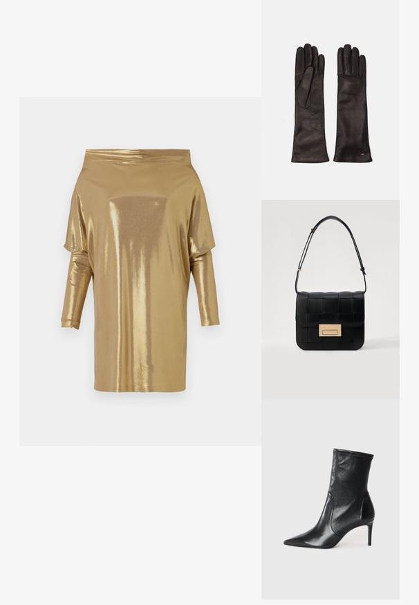 Top aurie, cu bretele căzute, realizat dintr-un material metalic strălucitor. Are mâneci lungi și o croială relaxată, fără modele vizibile sau accesorii.; Bocanci negri până la gleznă, din piele netedă, cu vârf ascuțit, arbore ajustat și toc subțire înalt. Design minimalist, fără hardware vizibil.; Loeffler Randall DESI CROSSBODY WITH LOCK HARDWARE - Geantă crossbody - black; Weekend Max Mara SENAPE - Mănuși - nero