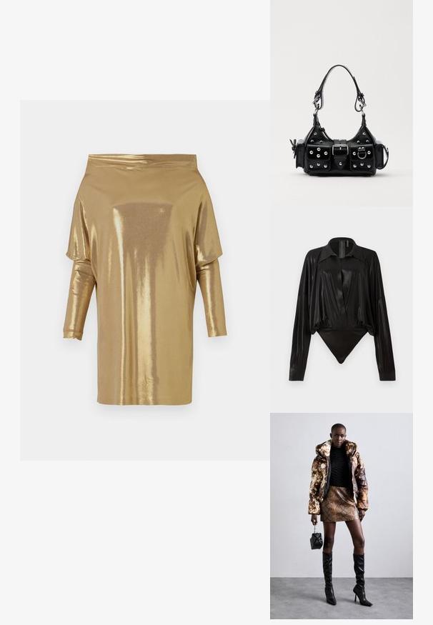 Top aurie, cu bretele căzute, realizat dintr-un material metalic strălucitor. Are mâneci lungi și o croială relaxată, fără modele vizibile sau accesorii.; Body negru cu mâneci lungi, decolteu în V și o siluetă ajustată. Fabricat dintr-un material lucios și neted, cu guler structurat și manșete.; Jachetă puffer cu un model maro și negru, asortată cu o fustă mini din piele de șarpe maro, cizme negre până la genunchi și o geantă mică neagră.; Geantă de piele neagră cu un design curbat, dotată cu studuri argintii, o cataramă și două buzunare laterale. Curea ajustabilă pentru opțiuni de transport.