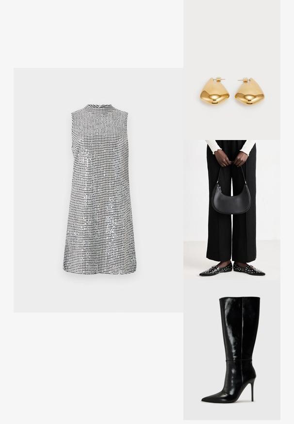Ärmelloses Kleid im schwarz-weißen Gingham-Muster, mit hohem Kragen und glatter Textur, das knapp über dem Knie endet.; Schwarze Leder-Knielange Stiefel mit spitzem Schuh und hohem Stiletto-Absatz. Glatte Textur und elegantes Design, das sich durch minimale Details auszeichnet.; Schwarze Leder-Schultertasche mit runder Form, glänzender Oberfläche und silbernem Beschlag. Person trägt schwarze weit geschnittene Hosen und Nieten-Loafers.; Goldfarbene Metallohrringe in einer glatten, abgerundeten dreieckigen Form mit Steckverschluss; reflektierende Oberfläche mit minimaler Detailarbeit.