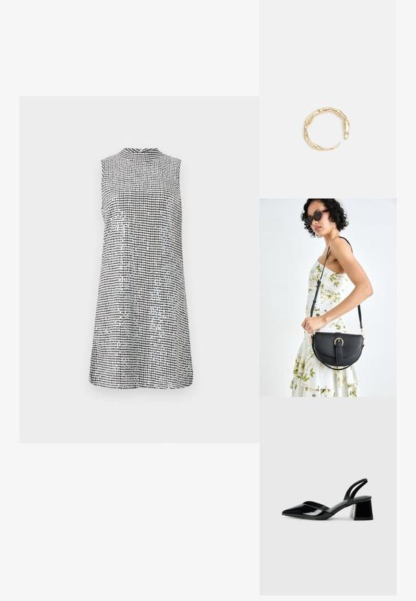Suknelė be rankovių juodos ir baltos langeliais, su aukštu kaklu ir lygiu paviršiumi, besileidžianti tik virš kelių.; Mustat patentoitu nahkakengät, joissa on säären takaosa ja terävä kärki, sekä geometrinen palikkakorko. Sisältää tyylikkään, minimalistisen muotoilun ja sileän pinnan.; Musta nahkainen käsilaukku, joka on kaareva muotoilultaan, irrotettavalla hihnalla ja kultaisilla yksityiskohdilla. Laukussa on läppä, jossa on solk yksityiskohta.; Kultaketju, jossa on orgaaninen, kierretty muotoilu, sileä pinta ja cappatut päät, luoden modernin, veistoksellisen ilmeen.