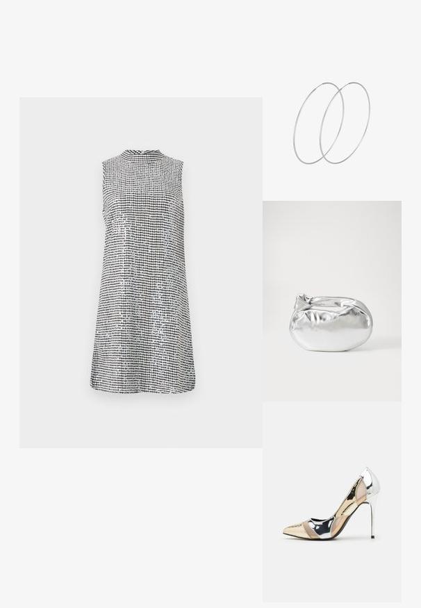 Bezrukávové šaty v čierno-bielom kockovanom vzore, s vysokým golierom a hladkým povrchom, siahajúce tesne nad kolená.; Lodičky s špičatou špičkou v striebornom, zlatom a telovom farebnom prevedení. Lesklý povrch s výrezovým dizajnom, s ihlovým opätkom.; Strieborná metalická taška s mäkkým, zaobleným tvarom a uzáverom s uzlíkom. Vyrobená z hladkej syntetickej kože.; Strieborné kruhové náušnice s minimalistickým dizajnom. Cirkulárny tvar, hladký povrch a tenký profil. Ľahké s lesklým povrchom.