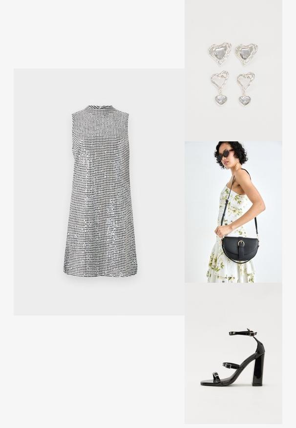 Rochie fără mâneci, cu un model de carouri alb-negru, având gât înalt și o textură netedă, care se termină imediat deasupra genunchiului.; Sandale cu toc din patent negru, cu vârf pătrat, curele la gleznă și catarame din argint. Dispune de un toc gros pentru stabilitate.; Geantă din piele neagră, cu o formă curbată, curea detașabilă și accesorii aurii. Geanta are un capac cu un detaliu tip cataramă.; Cerceii în formă de inimă argintie sunt decorați cu pietre clare fațetate, având un cadru texturat. Setul include stiluri cu buton și cu pandantiv.