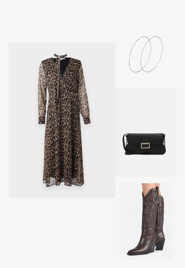 Juodas ir smėlio spalvos raštuotas suknelė su ilgomis permatomomis rankovėmis, V formos iškirpte, surištos apykaklės, apvyniota konstrukcija ir sruvančia sijonu.; Rudos odinės kaubojaus batai su smailiu priekiu ir blokuotu kulnu, pasižymintys detaliu siuvinėjimu ir iškiliais akcentais ant ašies.; Juodas odinis dėkliukas su atvarteliu ir auksinės metalinės sagties detalėmis. Įeina juodas diržas ir elegantiškas, minimalistinis dizainas.; Sidabrinės pusmėnulio auskarai minimalistiniu dizainu. Apskritimo forma, lygus paviršius ir plonas profilis. Lengvi su poliruotu apdailu.